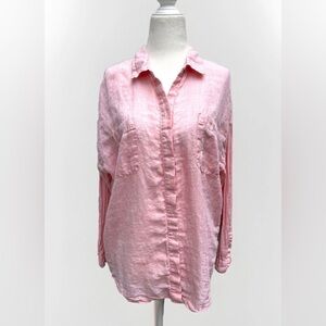 J Jill Love Linen Top Women M Pastel Pink Button Down Long Sleeve Pockets Beachy